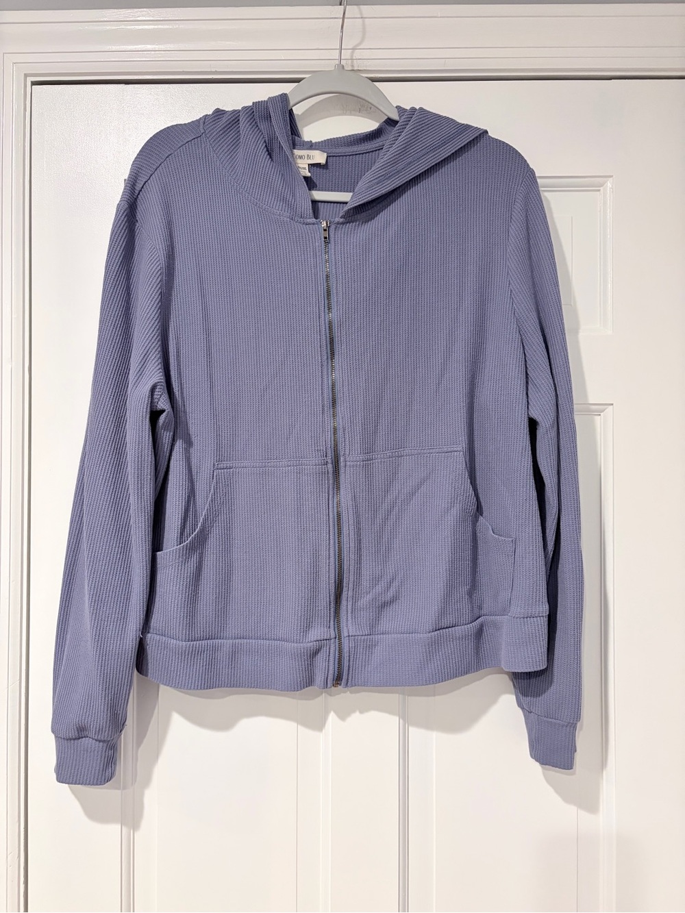 Light Blue Zip-Up Hoodie Sweatshirt - Women’s Casual Waffle Knit